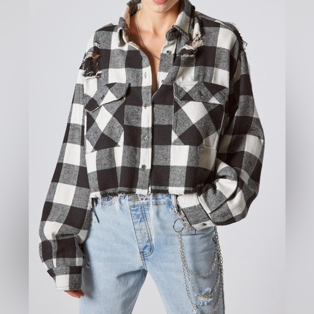 Signature 8 Distressed Plaid Flannel Shirt. Cropped in front